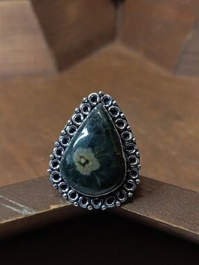 Teardrop Dark Green Flower Jasper Statement Ring